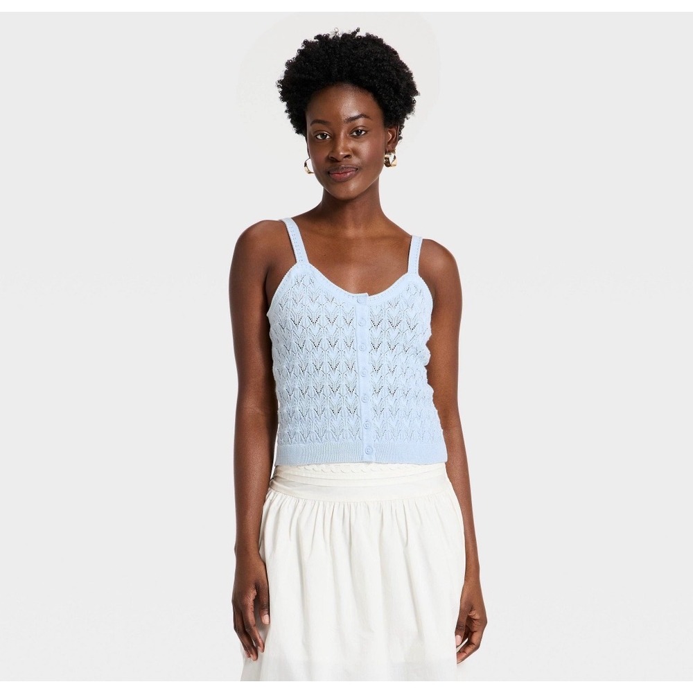 Universal Thread Light Blue Pointelle Knit Button Front Cami Tank Top XS New